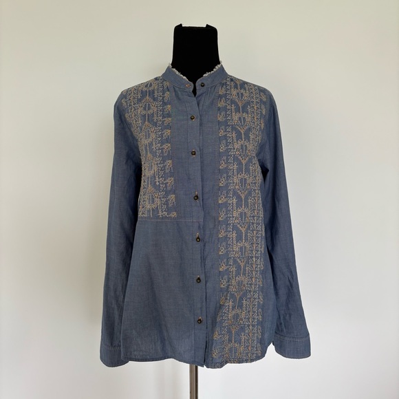 TINY Tops - Blue Button-Up Shirt with Embroidered Design